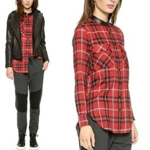 Vince Flannel Top Red Plaid Leather Trim Shirt 10